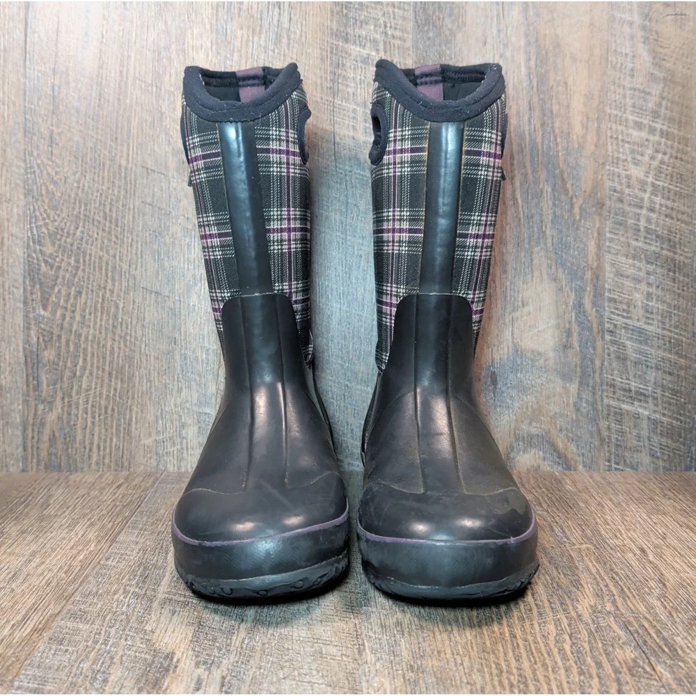 Bogs Kids Youth Size 1 Waterproof Insulated Rain Boots Black Plaid Boys Girls
